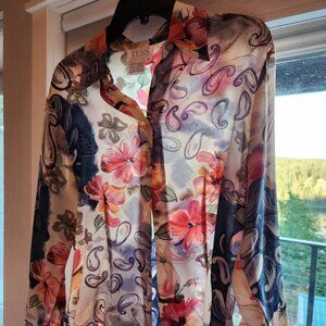 100% Silk Floral Blouse - Grey, Blue, Pink